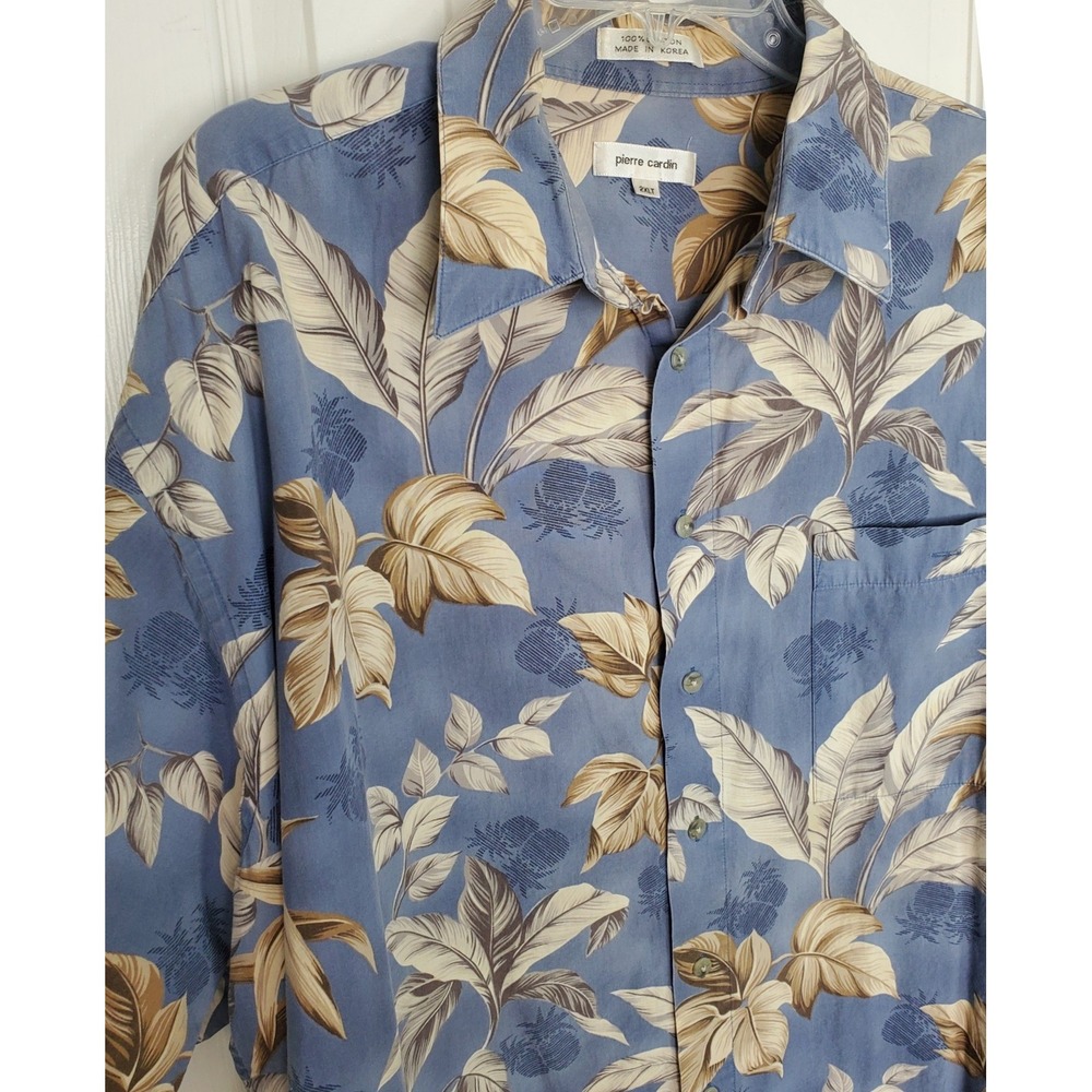 Pierre Cardin Blue Floral Tropical Hawaiian Cotton 2XLT Button Up Shirt